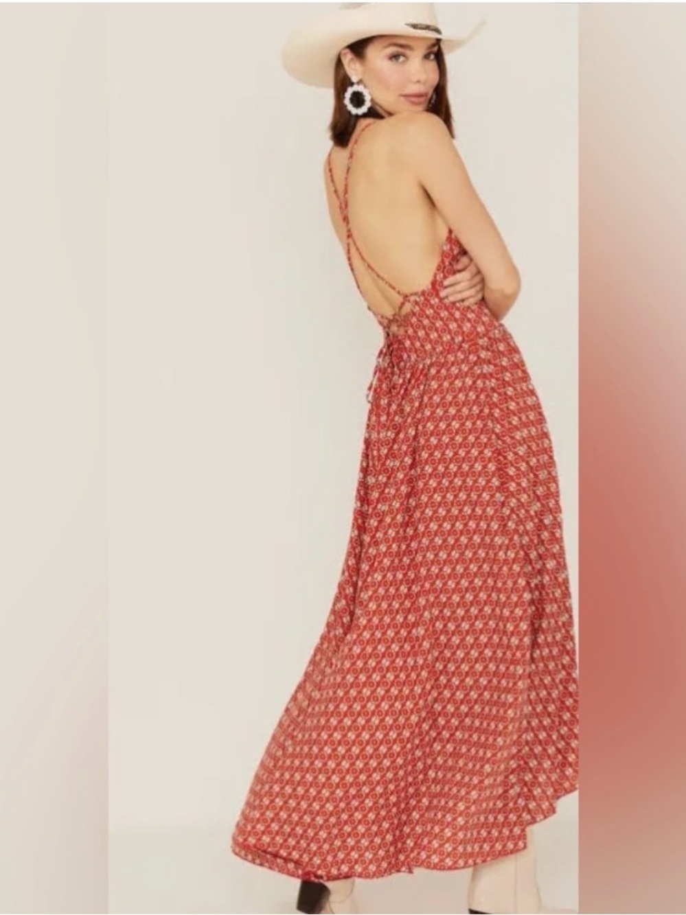 Molly Bracken Red Printed Spaghetti-Strap High-Low Boho Festival Dress Sz Small - Picture 2 of 10